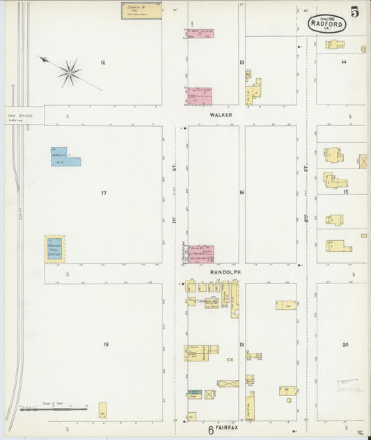 Sanborn Fire Insurance Map from Radford, Independent Cities, Virginia (1896), Sheet #0005 - Historic Sanborn Fire Insurance Map Print, vintage old map wall art, antique decor, genealogy gift, Virginia Virginia map