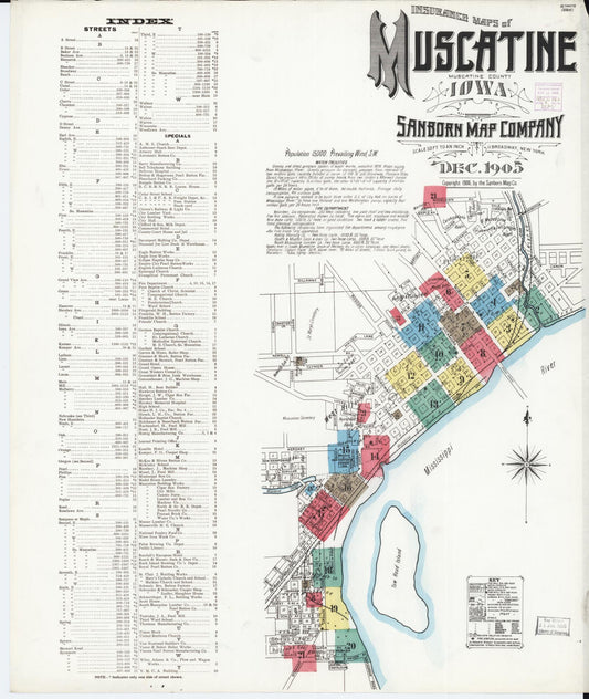 Sanborn Fire Insurance Map from Muscatine, Muscatine County, Iowa (1905), Sheet #0001 - Historic Sanborn Fire Insurance Map Print, vintage old map wall art