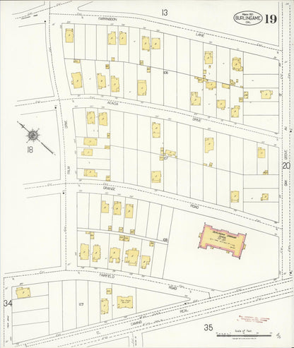Sanborn Fire Insurance Map from Burlingame, San Mateo County, California (1921), Sheet #0019 - Historic Sanborn Fire Insurance Map Print, vintage old map wall art, antique decor, genealogy gift, California California map