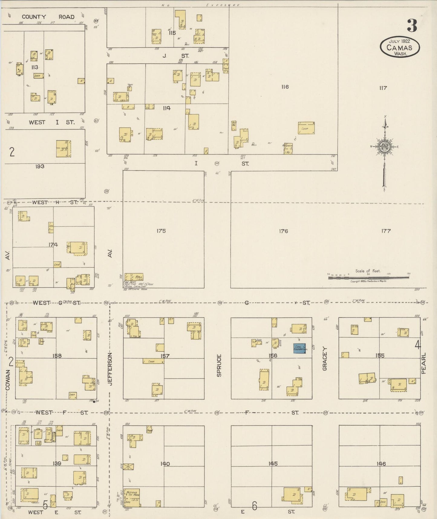 Sanborn Fire Insurance Map from Camas, Clark County, Washington (1922), Sheet #0003 - Complete Map Set gallery image, historic Sanborn map, vintage wall art, Washington Washington