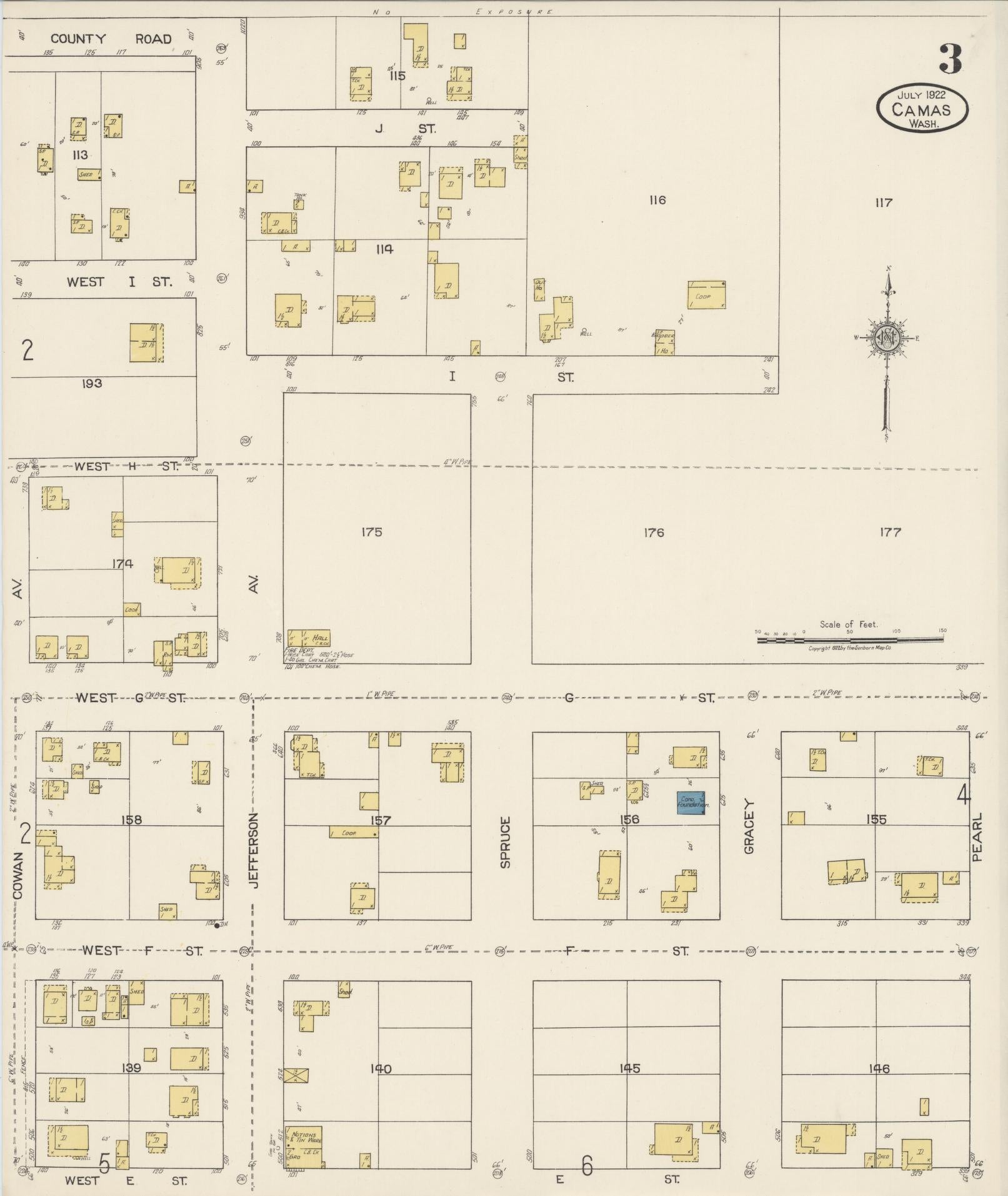 Sanborn Fire Insurance Map from Camas, Clark County, Washington (1922), Sheet #0003 - Complete Map Set gallery image, historic Sanborn map, vintage wall art, Washington Washington