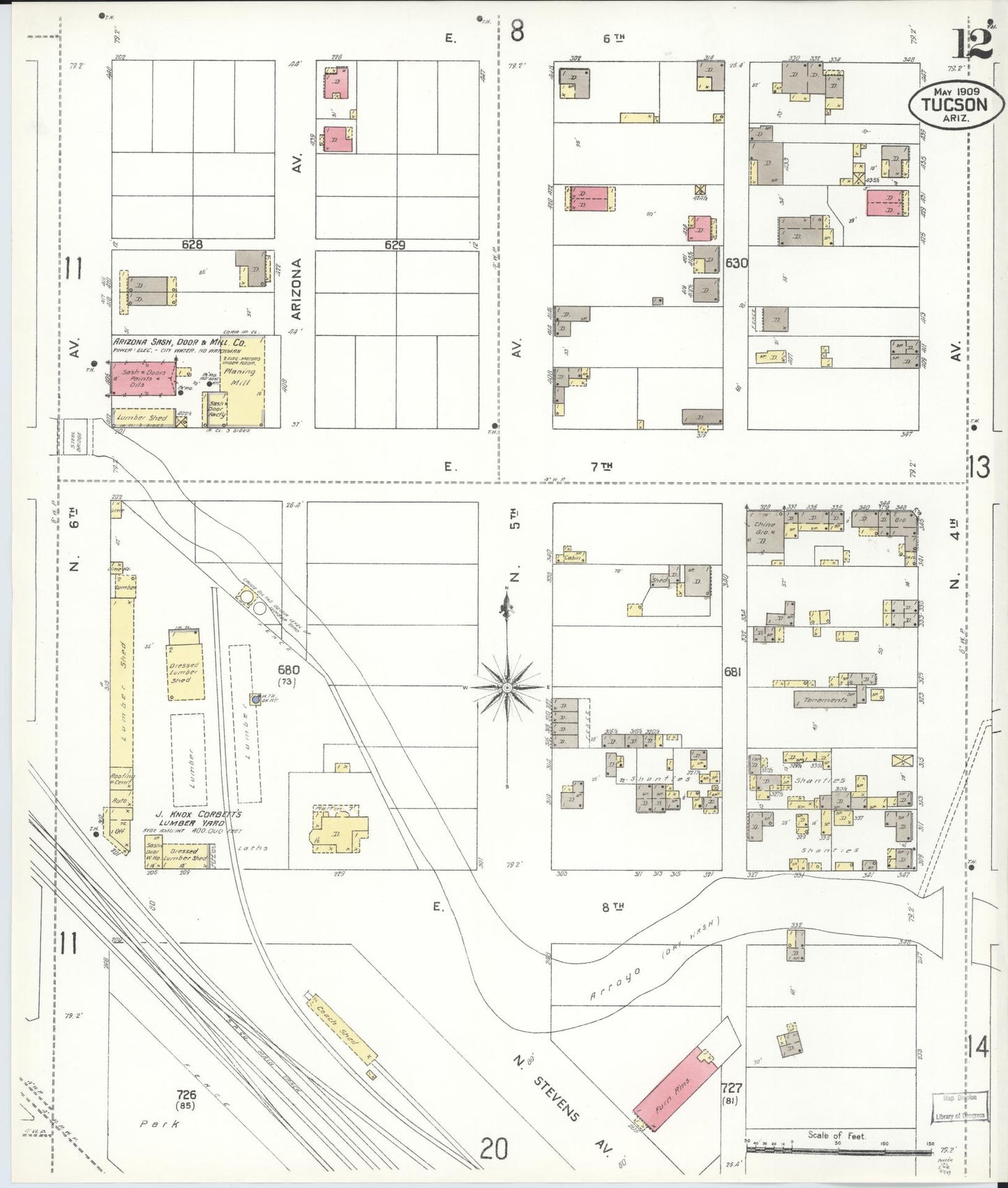 Sanborn Fire Insurance Map from Tucson, Pima County, Arizona (1909), Sheet #0012 - Complete Map Set gallery image, historic Sanborn map, vintage wall art, Arizona Arizona