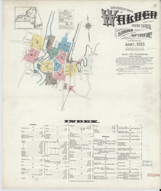 Sanborn Fire Insurance Map from Walden, Orange County, New York (1913), Sheet #0001 - Historic Sanborn Fire Insurance Map Print, vintage old map wall art, antique decor, genealogy gift, New York New York map