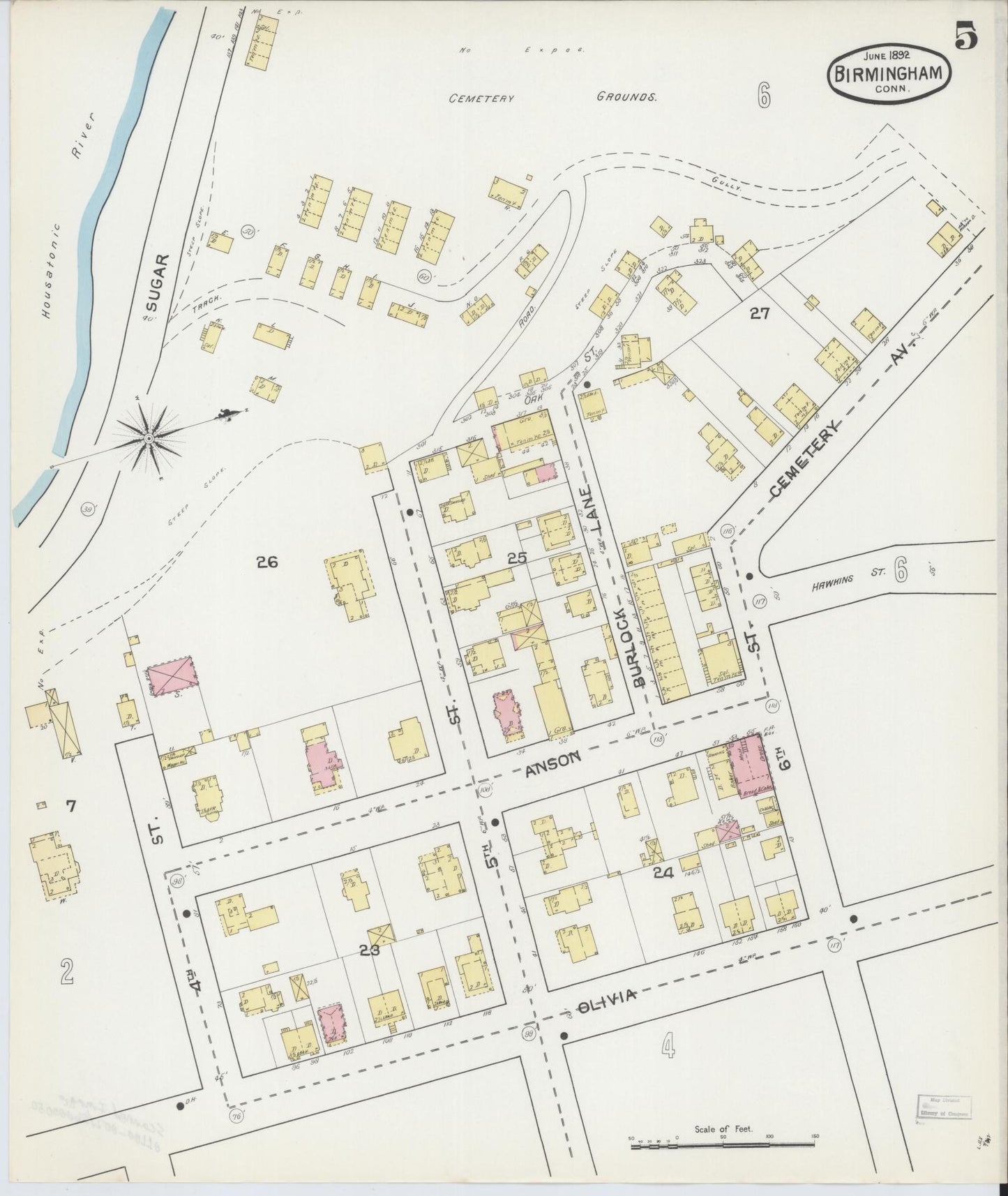 Sanborn Fire Insurance Map from Birmingham, New Haven County, Connecticut (1892), Sheet #0005 - Complete Map Set gallery image, historic Sanborn map, vintage wall art, Connecticut Connecticut