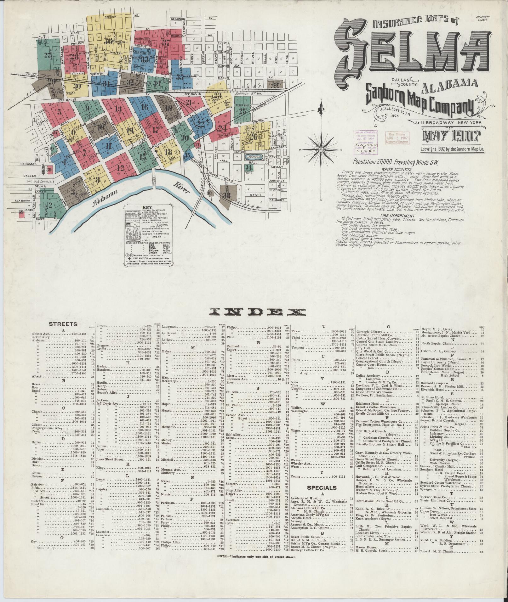 Sanborn Fire Insurance Map from Selma, Dallas County, Alabama (1907), Sheet #0001 - Historic Sanborn Fire Insurance Map Print, vintage old map wall art, antique decor, genealogy gift, Alabama Alabama map
