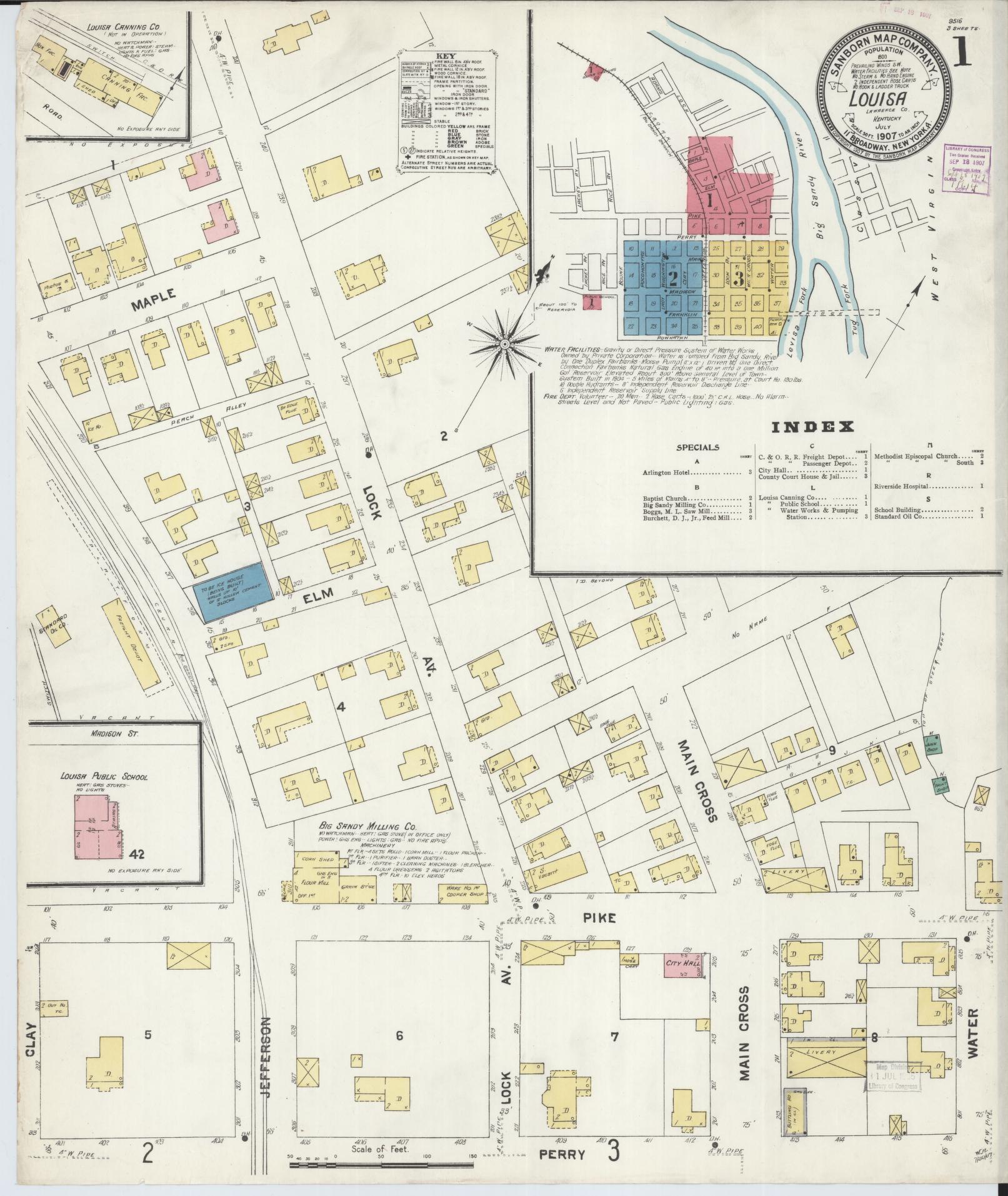Sanborn Fire Insurance Map from Louisa, Lawrence County, Kentucky (1907), Sheet #0001 - Complete Map Set gallery image, historic Sanborn map, vintage wall art, Kentucky Kentucky