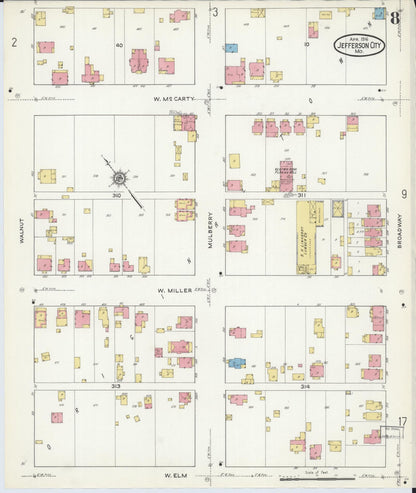 Sanborn Fire Insurance Map from Jefferson City, Cole County, Missouri (1916), Sheet #0008 - Historic Sanborn Fire Insurance Map Print, vintage old map wall art, antique decor, genealogy gift, Missouri Missouri map
