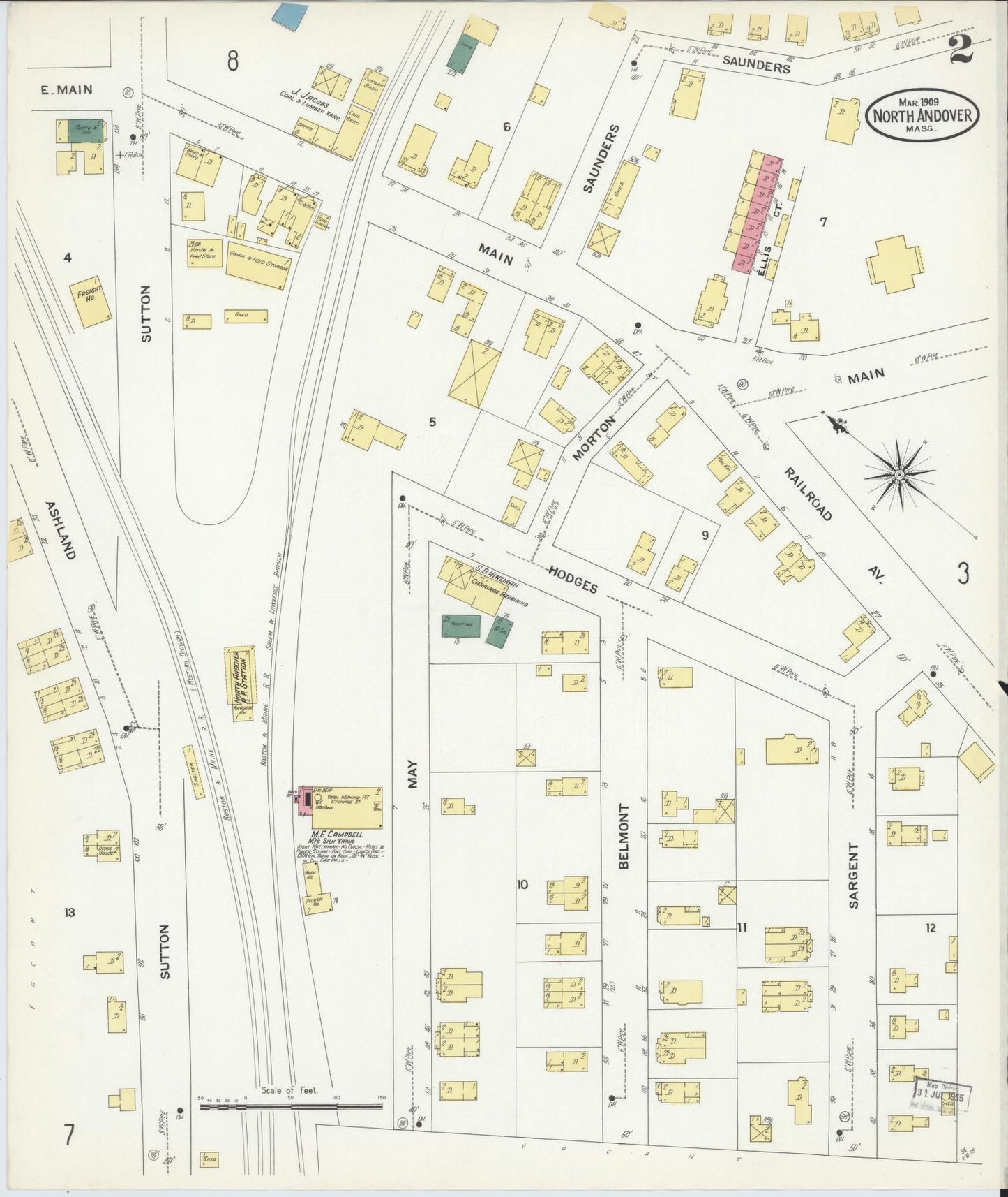 Sanborn Fire Insurance Map from North Andover, Essex County, Massachusetts (1909), Sheet #0002 - Historic Sanborn Fire Insurance Map Print, vintage old map wall art, antique decor, genealogy gift, Massachusetts Massachusetts map