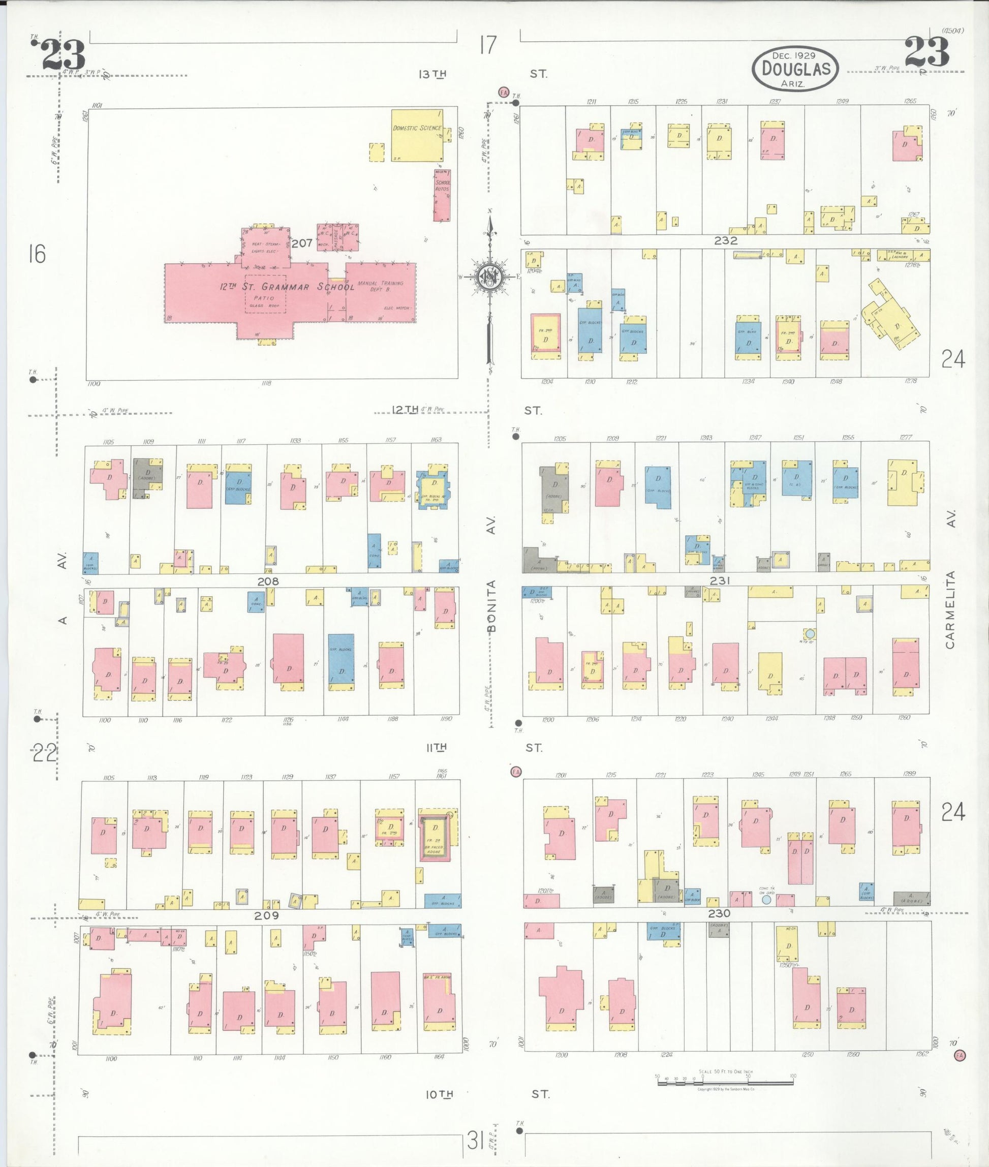 Sanborn Fire Insurance Map from Douglas, Cochise County, Arizona (1929), Sheet #0023 - Historic Sanborn Fire Insurance Map Print, vintage old map wall art, antique decor, genealogy gift, Arizona Arizona map