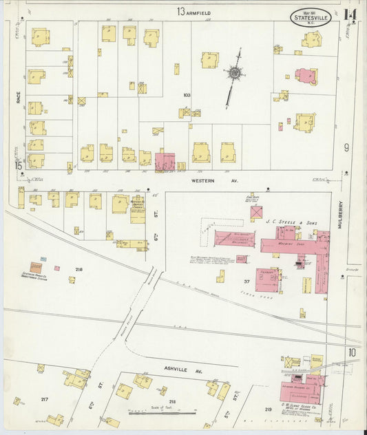 Sanborn Fire Insurance Map from Statesville, Iredell County, North Carolina (1911), Sheet #0014 - Historic Sanborn Fire Insurance Map Print, vintage old map wall art, antique decor, genealogy gift, North Carolina North Carolina map