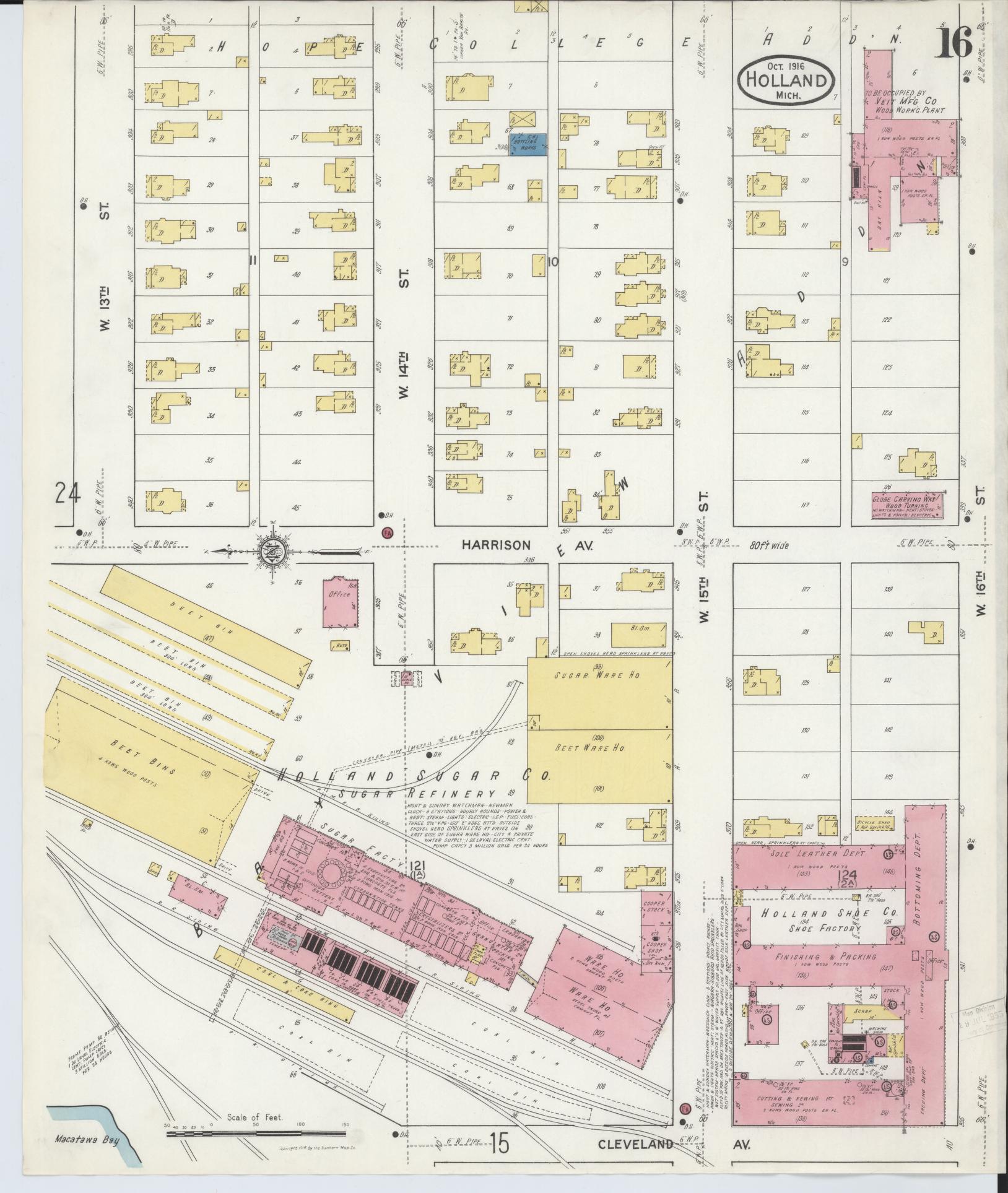 Sanborn Fire Insurance Map from Holland, Ottawa County, Michigan (1916), Sheet #0016 - Historic Sanborn Fire Insurance Map Print, vintage old map wall art, antique decor, genealogy gift, Michigan Michigan map