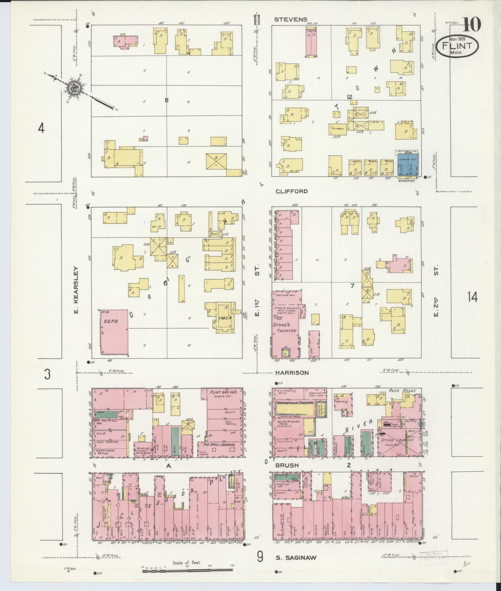Sanborn Fire Insurance Map from Flint, Genesee County, Michigan (1909), Sheet #0010 - Complete Map Set gallery image, historic Sanborn map, vintage wall art, Michigan Michigan