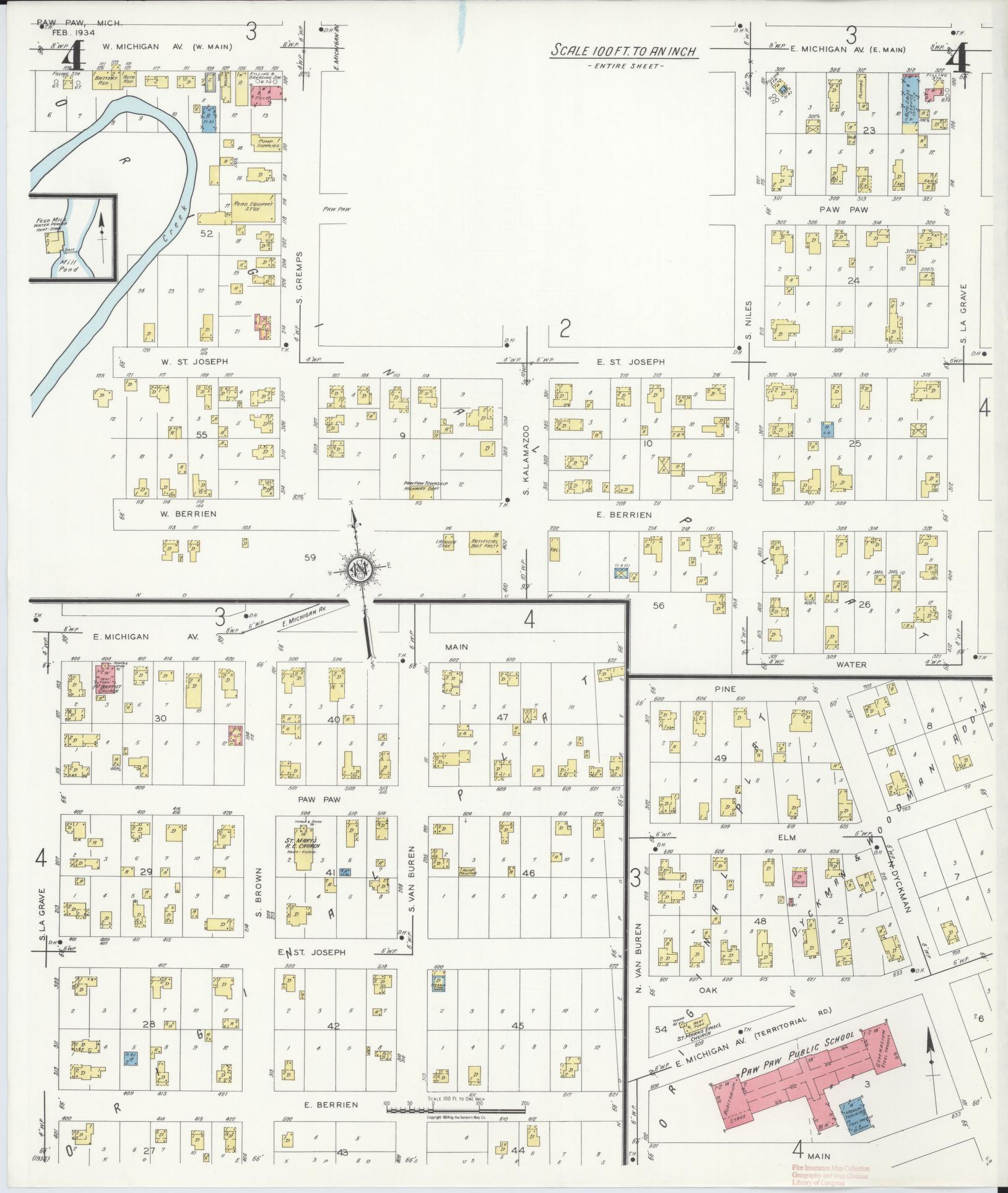 Sanborn Fire Insurance Map from Paw Paw, Van Buren County, Michigan (1934), Sheet #0004 - Complete Map Set gallery image, historic Sanborn map, vintage wall art, Michigan Michigan