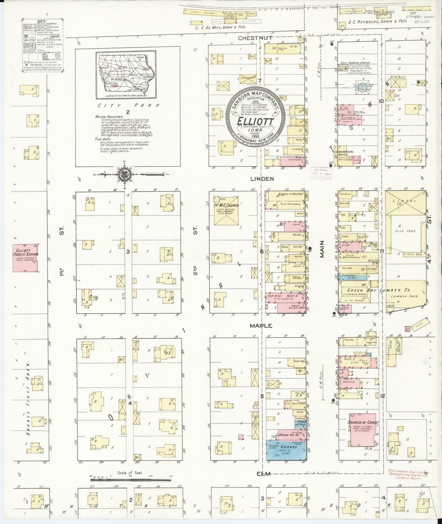 Sanborn Fire Insurance Map from Elliott, Montgomery County, Iowa (1914), Sheet #0001 - Historic Sanborn Fire Insurance Map Print, vintage old map wall art
