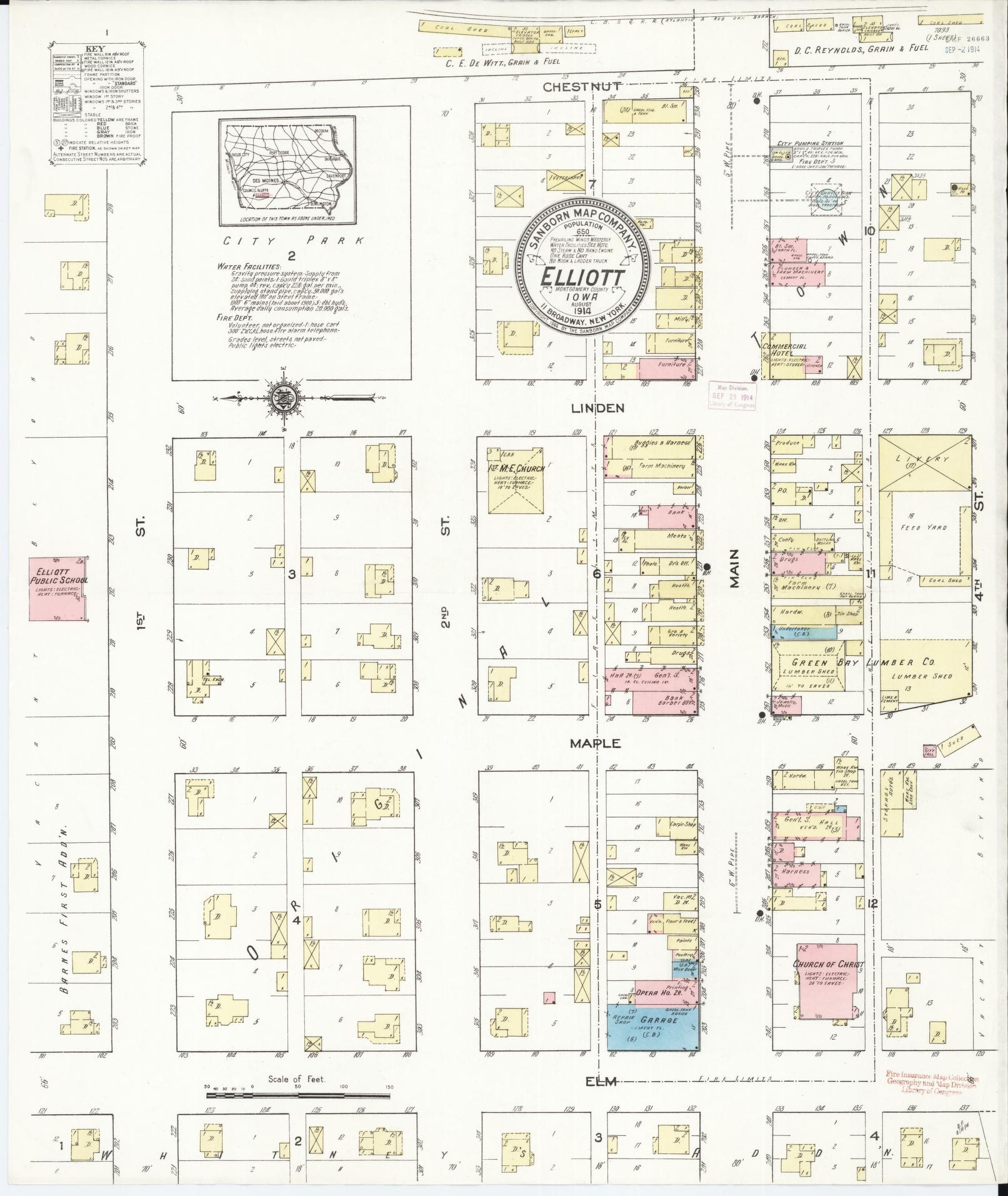 Sanborn Fire Insurance Map from Elliott, Montgomery County, Iowa (1914), Sheet #0001 - Historic Sanborn Fire Insurance Map Print, vintage old map wall art