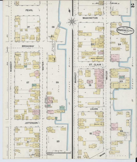 Sanborn Fire Insurance Map from Marine City, Saint Clair County, Michigan (1890), Sheet #0002 - Historic Sanborn Fire Insurance Map Print, vintage old map wall art, antique decor, genealogy gift, Michigan Michigan map