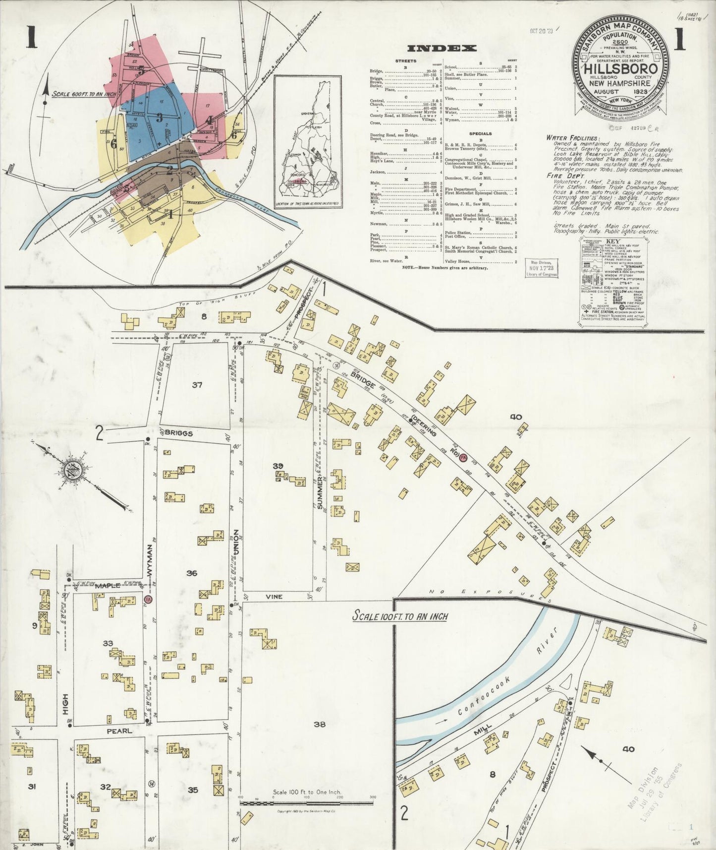 Sanborn Fire Insurance Map from Hillsboro, Hillsborough County, New Hampshire (1923), Sheet #0001 - Complete Map Set gallery image, historic Sanborn map, vintage wall art, New Hampshire New Hampshire