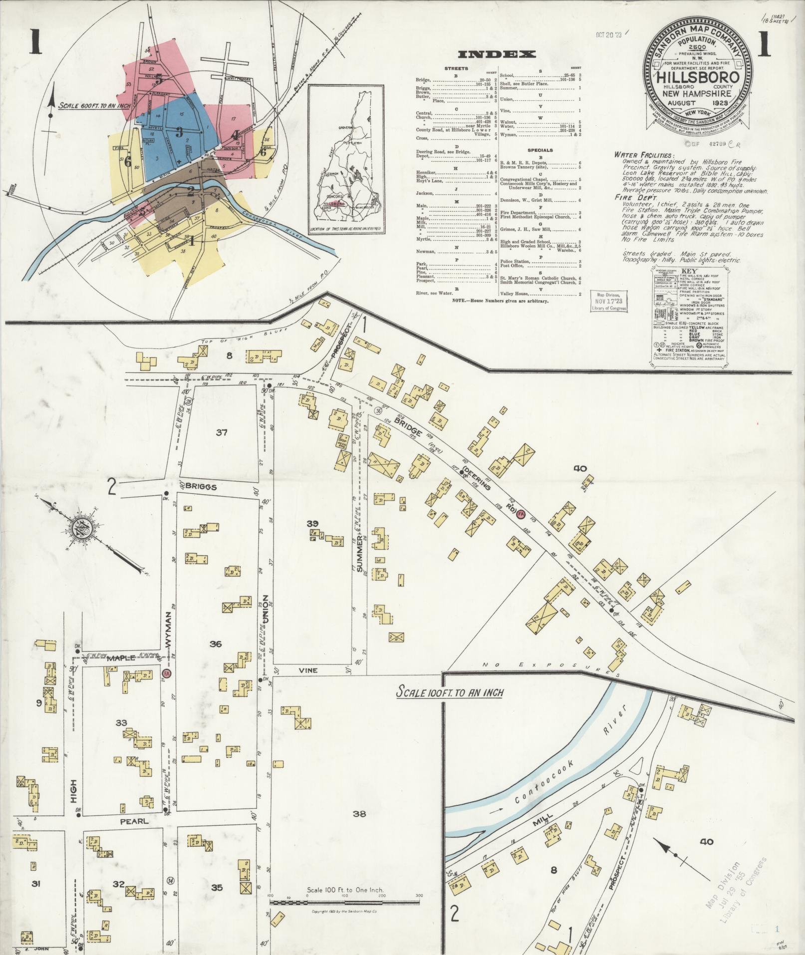 Sanborn Fire Insurance Map from Hillsboro, Hillsborough County, New Hampshire (1923), Sheet #0001 - Complete Map Set gallery image, historic Sanborn map, vintage wall art, New Hampshire New Hampshire