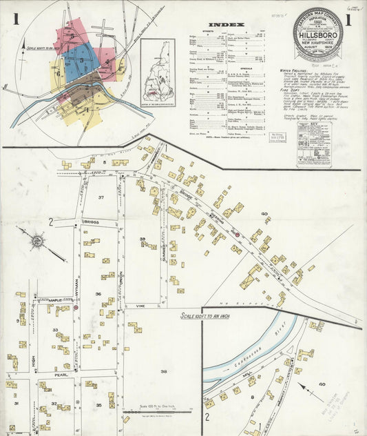 Sanborn Fire Insurance Map from Hillsboro, Hillsborough County, New Hampshire (1923), Sheet #0001 - Complete Map Set gallery image, historic Sanborn map, vintage wall art, New Hampshire New Hampshire