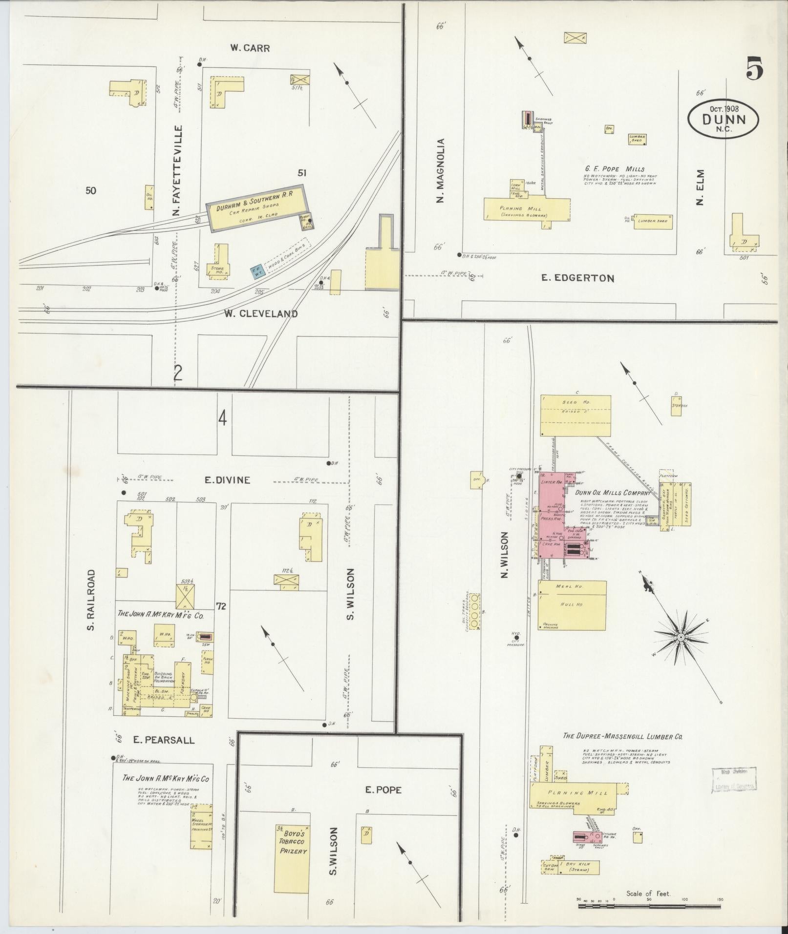 Sanborn Fire Insurance Map from Dunn, Harnett County, North Carolina (1908), Sheet #0005 - Complete Map Set gallery image, historic Sanborn map, vintage wall art, North Carolina North Carolina