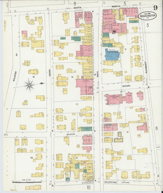 Sanborn Fire Insurance Map from Bennington, Bennington County, Vermont (1906), Sheet #0009 - Historic Sanborn Fire Insurance Map Print, vintage old map wall art, antique decor, genealogy gift, Vermont Vermont map