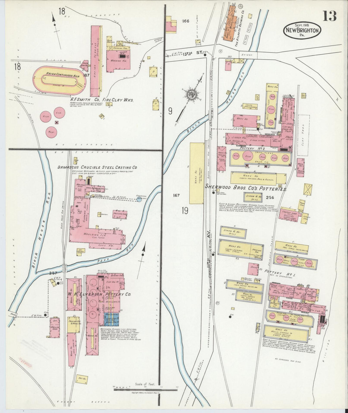 Sanborn Fire Insurance Map from New Brighton, Beaver County, Pennsylvania (1918), Sheet #0013 - Historic Sanborn Fire Insurance Map Print, vintage old map wall art, antique decor, genealogy gift, Pennsylvania Pennsylvania map