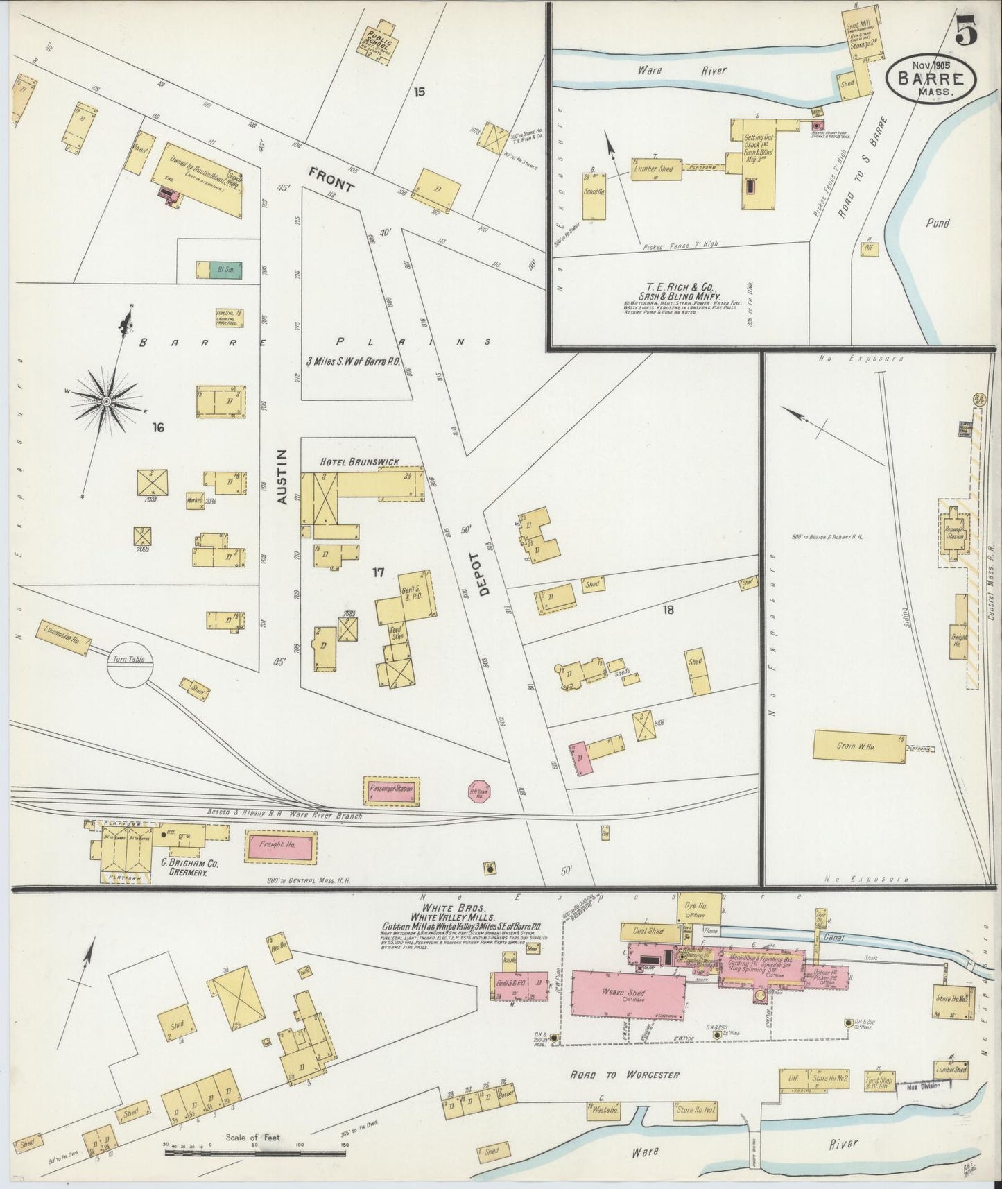 Sanborn Fire Insurance Map from Barre, Worcester County, Massachusetts (1905), Sheet #0005 - Complete Map Set gallery image, historic Sanborn map, vintage wall art, Massachusetts Massachusetts