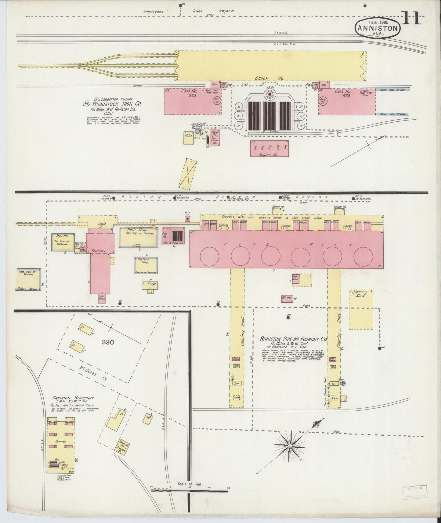Sanborn Fire Insurance Map from Anniston, Calhoun County, Alabama (1895), Sheet #0011 - Historic Sanborn Fire Insurance Map Print, vintage old map wall art, antique decor, genealogy gift, Alabama Alabama map
