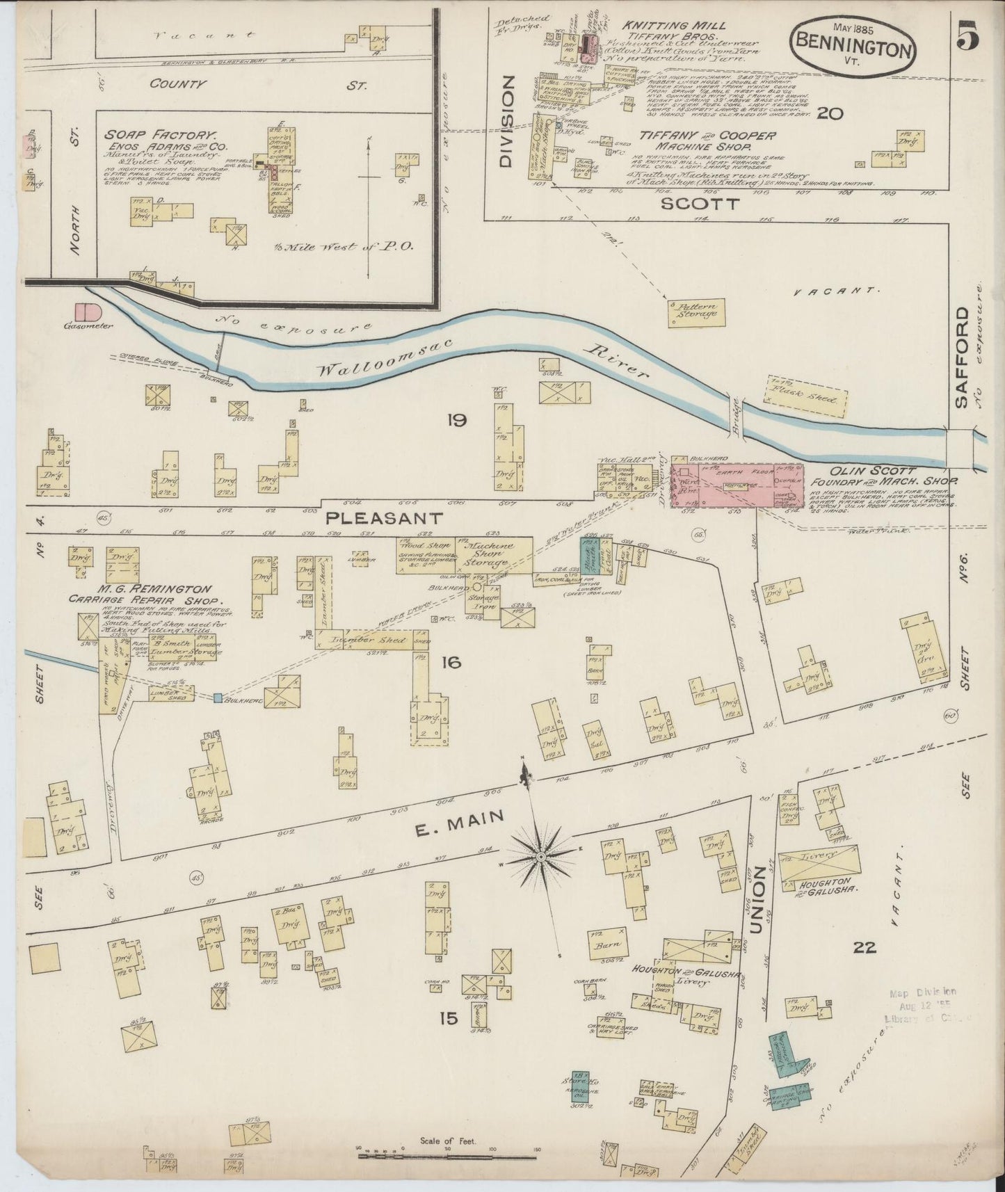 Sanborn Fire Insurance Map from Bennington, Bennington County, Vermont (1885), Sheet #0005 - Complete Map Set gallery image, historic Sanborn map, vintage wall art, Vermont Vermont