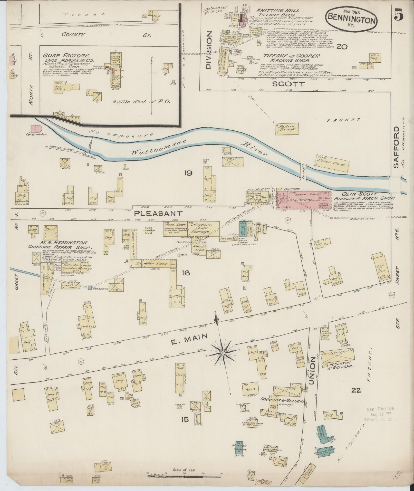 Sanborn Fire Insurance Map from Bennington, Bennington County, Vermont (1885), Sheet #0005 - Complete Map Set gallery image, historic Sanborn map, vintage wall art, Vermont Vermont