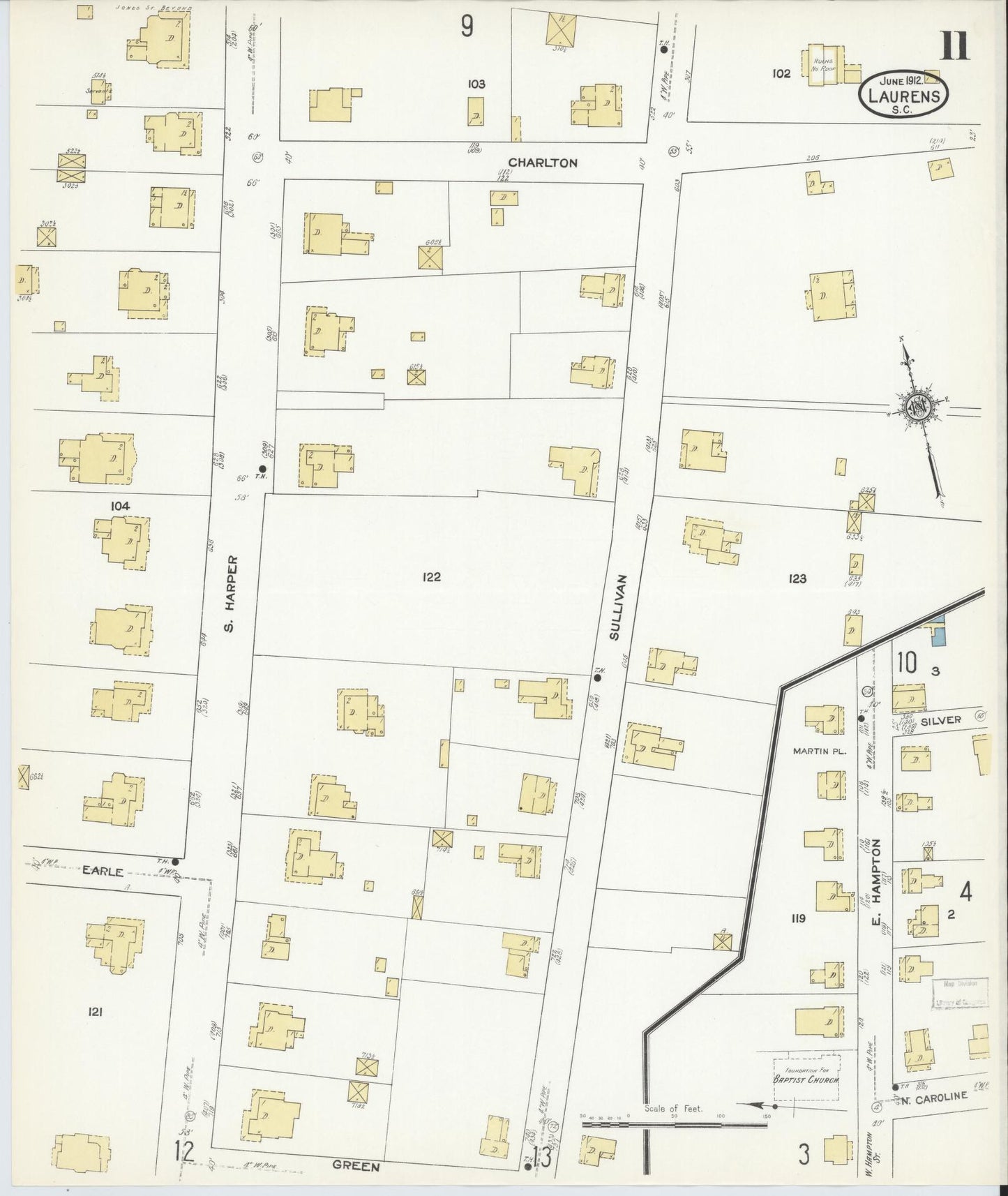 Sanborn Fire Insurance Map from Laurens, Laurens County, South Carolina (1912), Sheet #0011 - Complete Map Set gallery image, historic Sanborn map, vintage wall art, South Carolina South Carolina
