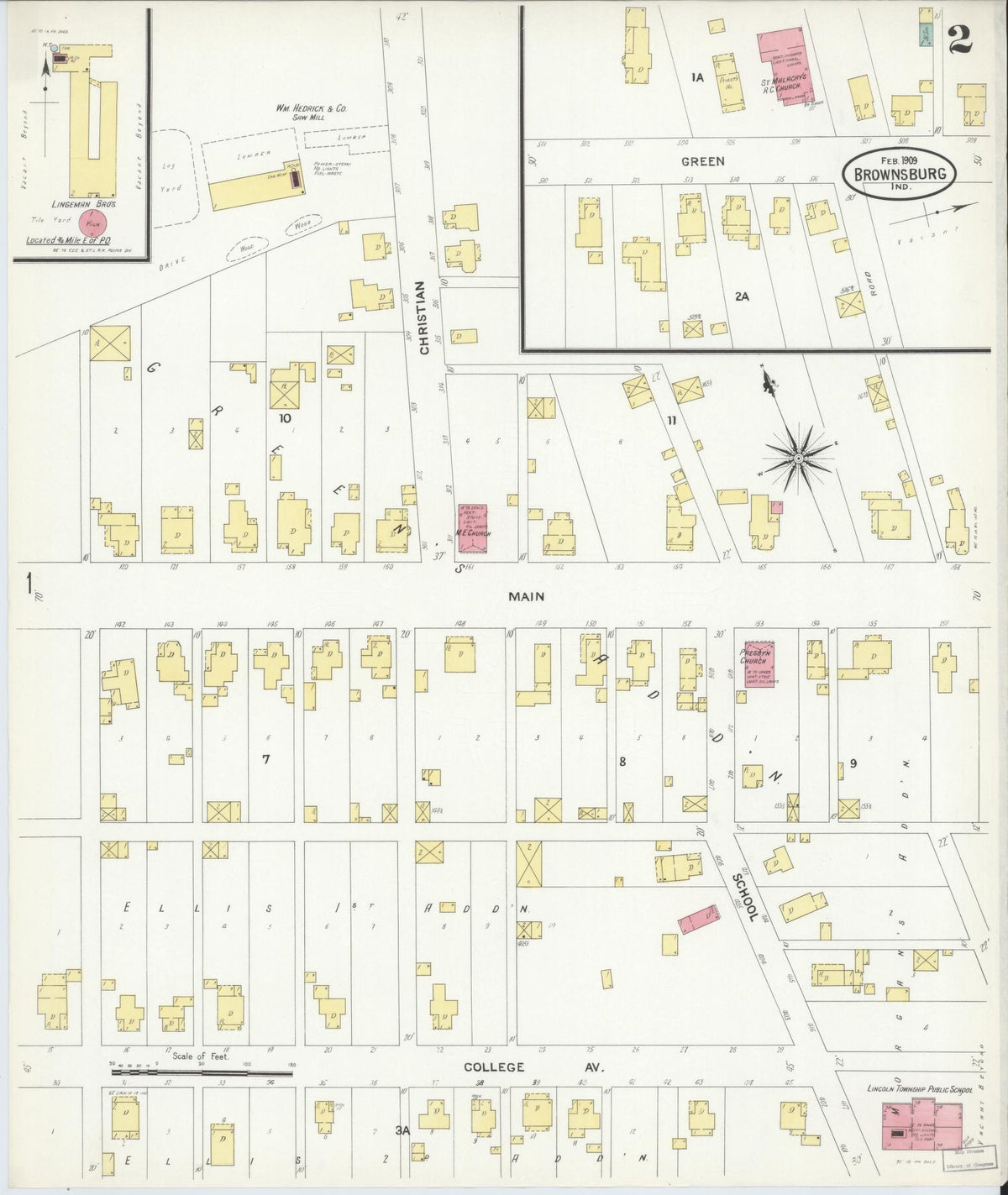 Sanborn Fire Insurance Map from Brownsburg, Hendricks County, Indiana (1909), Sheet #0002 - Historic Sanborn Fire Insurance Map Print, vintage old map wall art, antique decor, genealogy gift, Indiana Indiana map