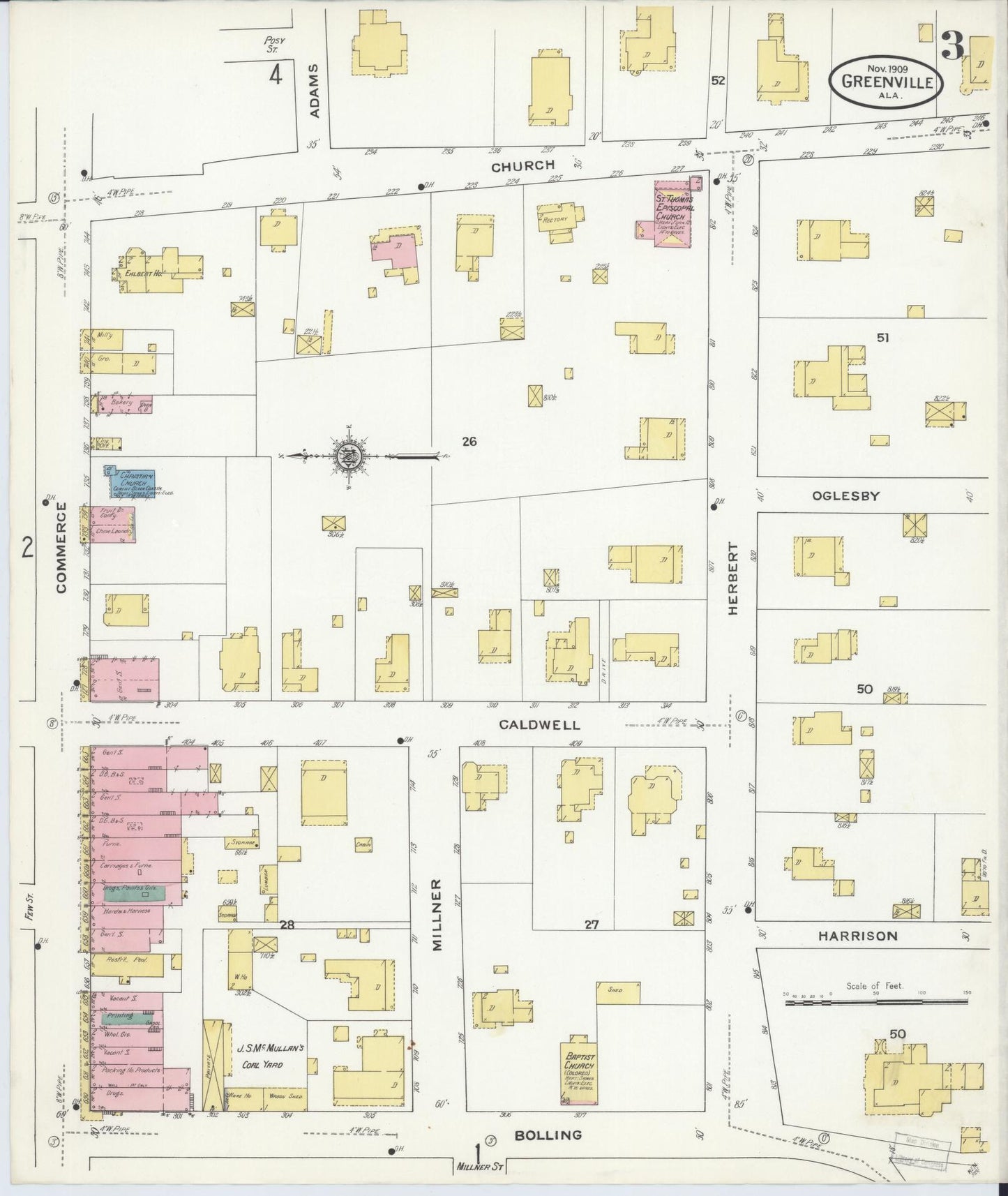 Sanborn Fire Insurance Map from Greenville, Butler County, Alabama (1909), Sheet #0003 - Historic Sanborn Fire Insurance Map Print, vintage old map wall art, antique decor, genealogy gift, Alabama Alabama map