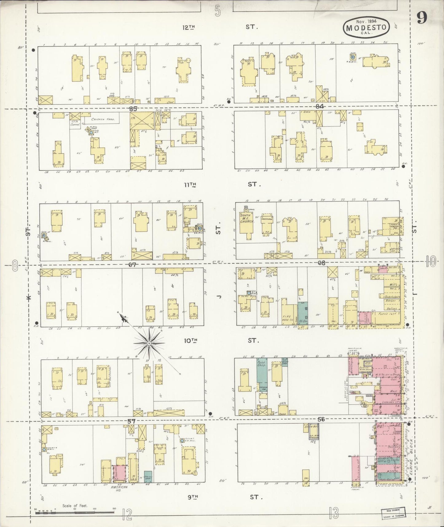 Sanborn Fire Insurance Map from Modesto, Stanislaus County, California (1894), Sheet #0009 - Complete Map Set gallery image, historic Sanborn map, vintage wall art, California California
