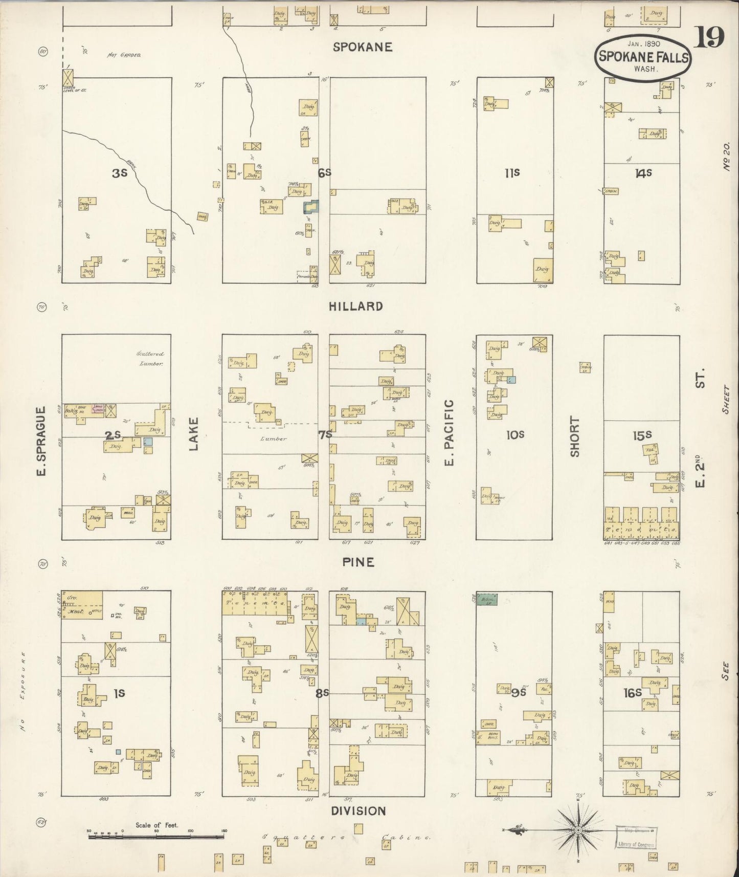 Sanborn Fire Insurance Map from Spokane, Spokane County, Washington (1890), Sheet #0019 - Complete Map Set gallery image, historic Sanborn map, vintage wall art, Washington Washington