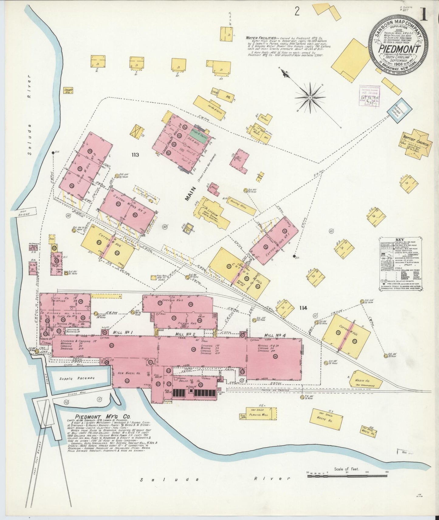 Sanborn Fire Insurance Map from Piedmont, Greenville and Anderson Counties, South Carolina (1908), Sheet #0001 - Complete Map Set gallery image, historic Sanborn map, vintage wall art, South Carolina South Carolina