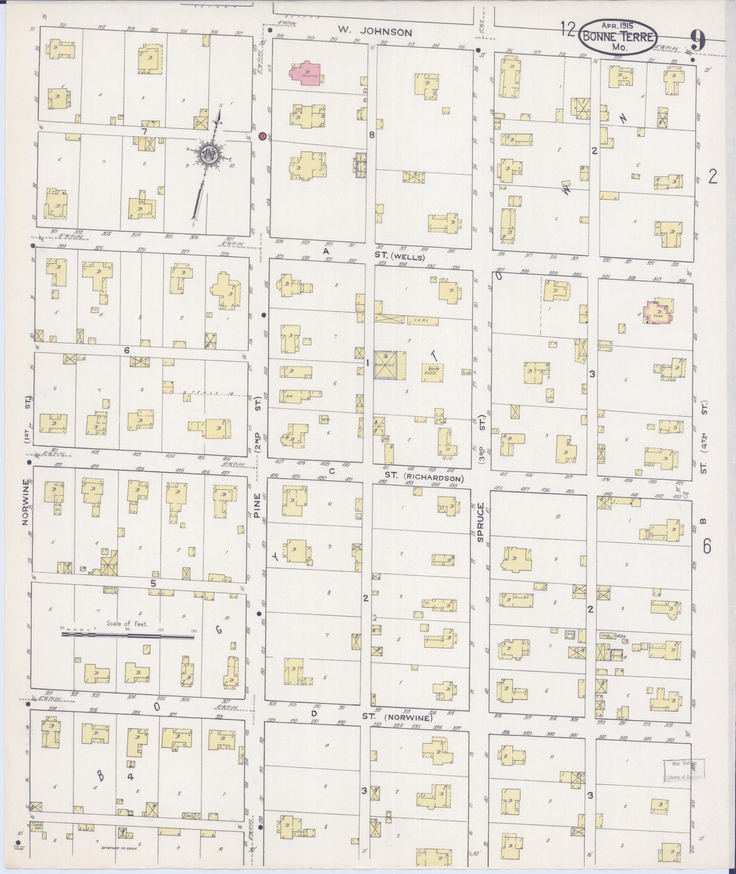 Sanborn Fire Insurance Map from Bonne Terre, Saint Francois County, Missouri (1915), Sheet #0009 - Historic Sanborn Fire Insurance Map Print, vintage old map wall art, antique decor, genealogy gift, Missouri Missouri map