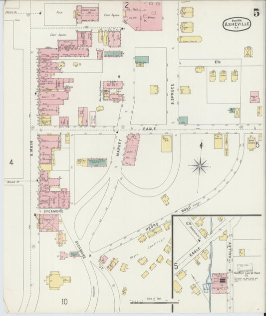 Sanborn Fire Insurance Map from Asheville, Buncombe County, North Carolina (1896), Sheet #0005 - Historic Sanborn Fire Insurance Map Print, vintage old map wall art, antique decor, genealogy gift, North Carolina North Carolina map