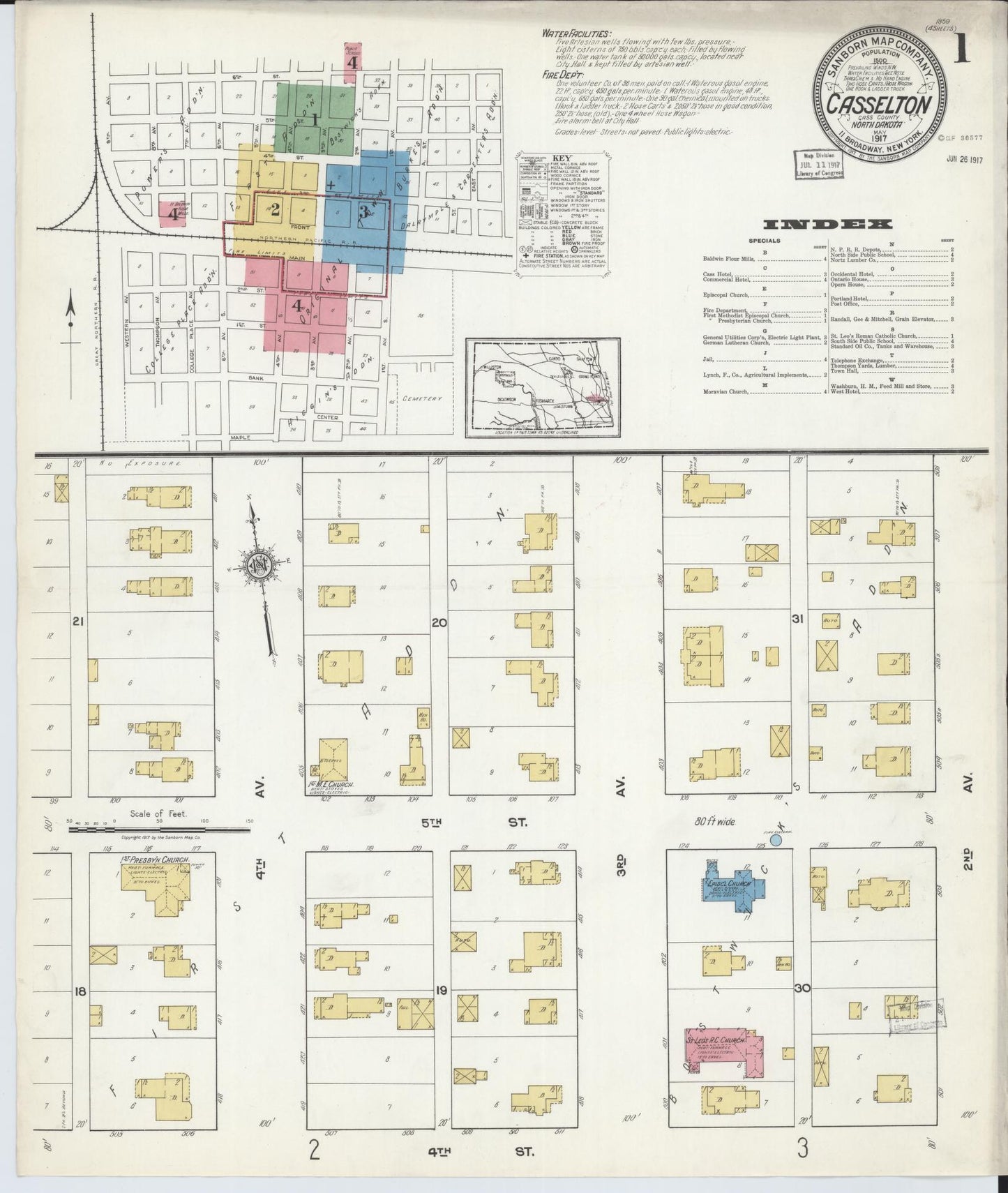 Sanborn Fire Insurance Map from Casselton, Cass County, North Dakota (1917), Sheet #0001 - Complete Map Set gallery image, historic Sanborn map, vintage wall art, North Dakota North Dakota