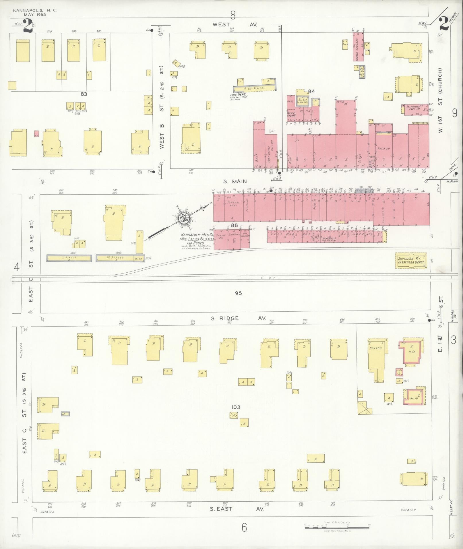 Sanborn Fire Insurance Map from Kannapolis, Rowan And Cabarrus Counties, North Carolina (1932), Sheet #0002 - Historic Sanborn Fire Insurance Map Print, vintage old map wall art, antique decor, genealogy gift, North Carolina North Carolina map