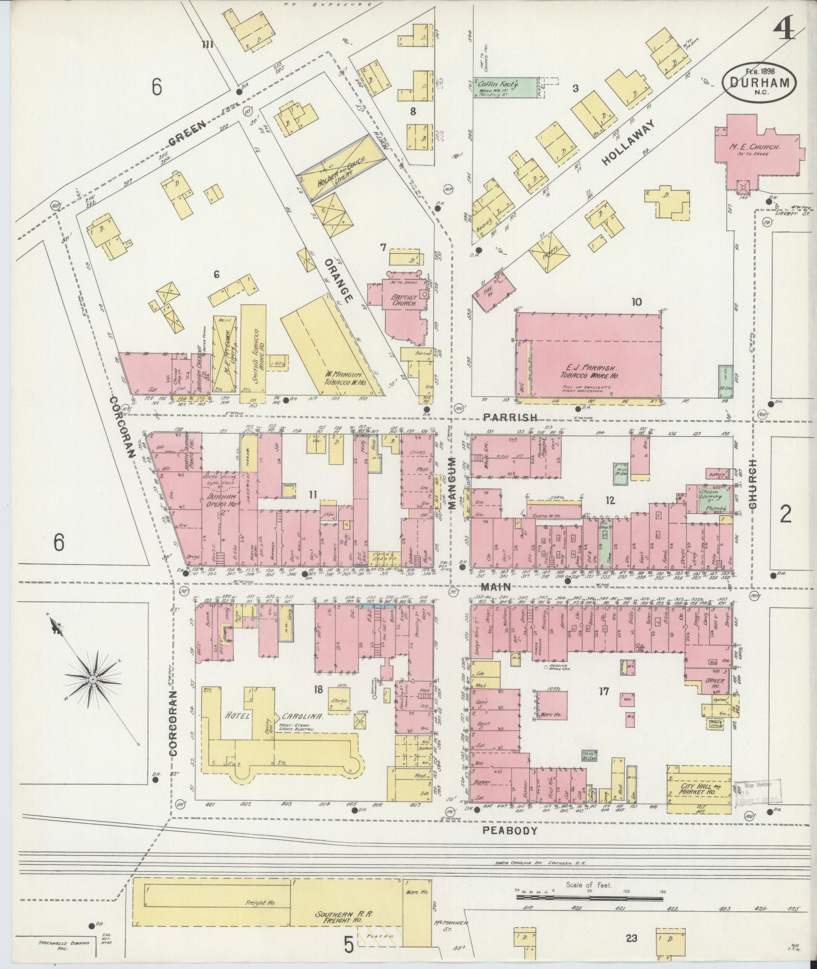 Sanborn Fire Insurance Map from Durham, Durham County, North Carolina (1898), Sheet #0004 - Historic Sanborn Fire Insurance Map Print, vintage old map wall art, antique decor, genealogy gift, North Carolina North Carolina map
