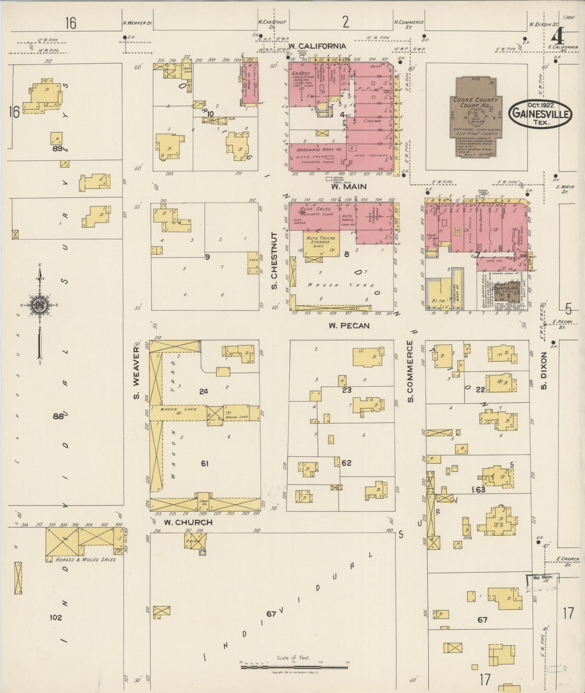 Sanborn Fire Insurance Map from Gainesville, Cooke County, Texas (1922), Sheet #0004 - Complete Map Set gallery image, historic Sanborn map, vintage wall art, Texas Texas