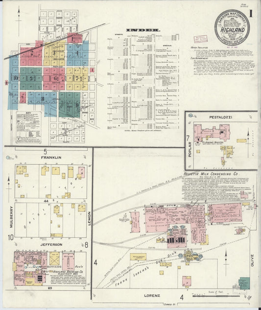 Sanborn Fire Insurance Map from Highland, Madison County, Illinois (1908), Sheet #0001 - Complete Map Set gallery image, historic Sanborn map, vintage wall art, Illinois Illinois