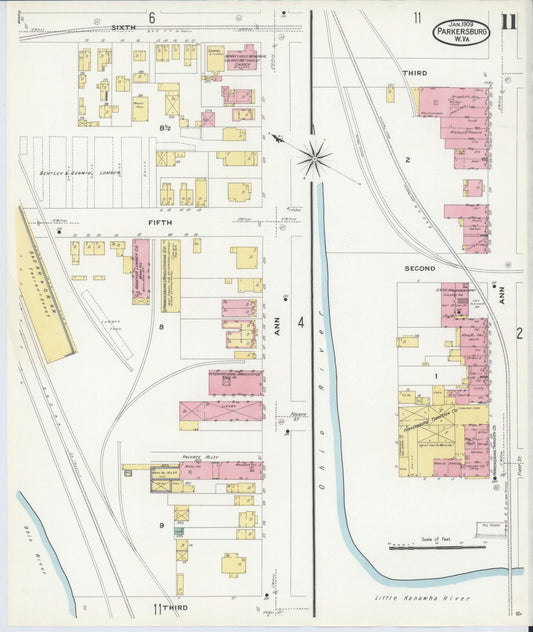 Sanborn Fire Insurance Map from Parkersburg, Wood County, West Virginia (1909), Sheet #0011 - Historic Sanborn Fire Insurance Map Print, vintage old map wall art, antique decor, genealogy gift, West Virginia West Virginia map