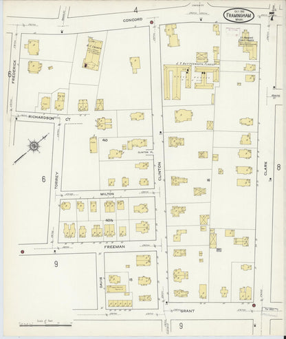 Sanborn Fire Insurance Map from Framingham, Middlesex County, Massachusetts (1915), Sheet #0007 - Historic Sanborn Fire Insurance Map Print, vintage old map wall art, antique decor, genealogy gift, Massachusetts Massachusetts map