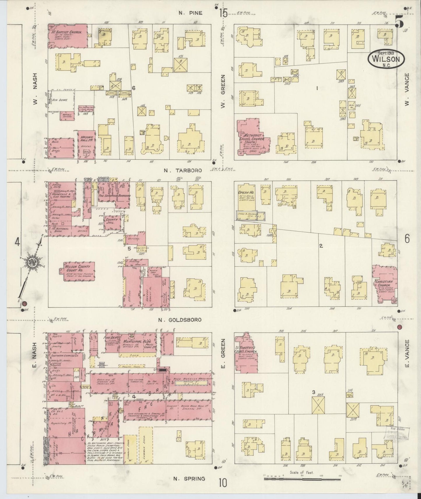 Sanborn Fire Insurance Map from Wilson, Wilson County, North Carolina (1913), Sheet #0005 - Complete Map Set gallery image, historic Sanborn map, vintage wall art, North Carolina North Carolina