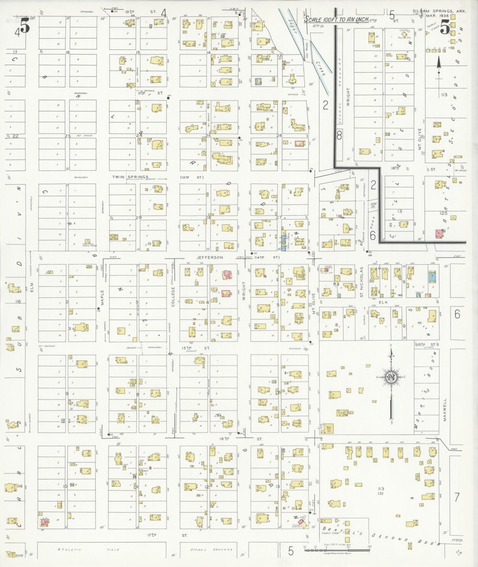 Sanborn Fire Insurance Map from Siloam Springs, Benton County, Arkansas (1936), Sheet #0005 - Historic Sanborn Fire Insurance Map Print, vintage old map wall art, antique decor, genealogy gift, Arkansas Arkansas map