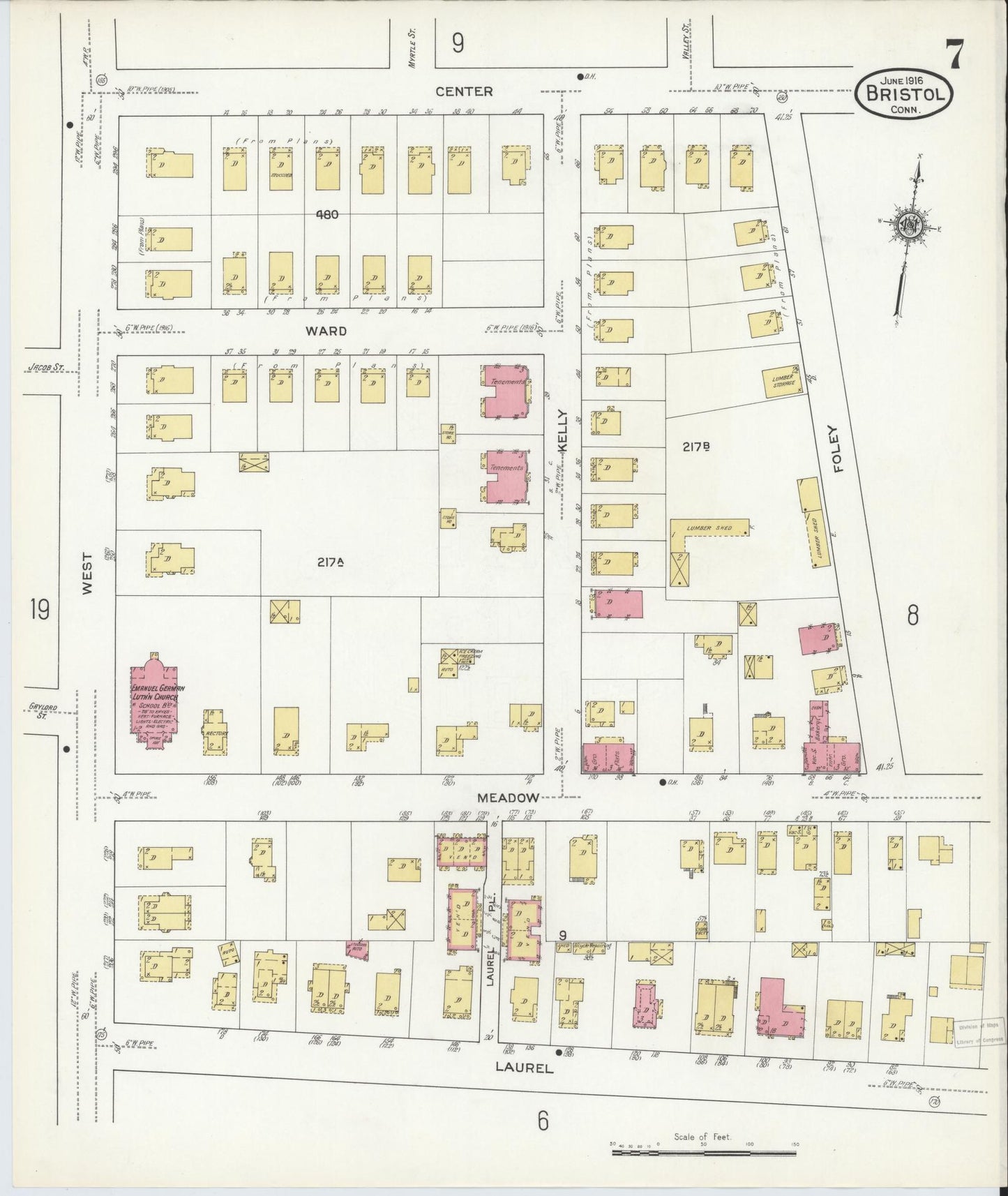 Sanborn Fire Insurance Map from Bristol, Hartford County, Connecticut (1916), Sheet #0007 - Complete Map Set gallery image, historic Sanborn map, vintage wall art, Connecticut Connecticut