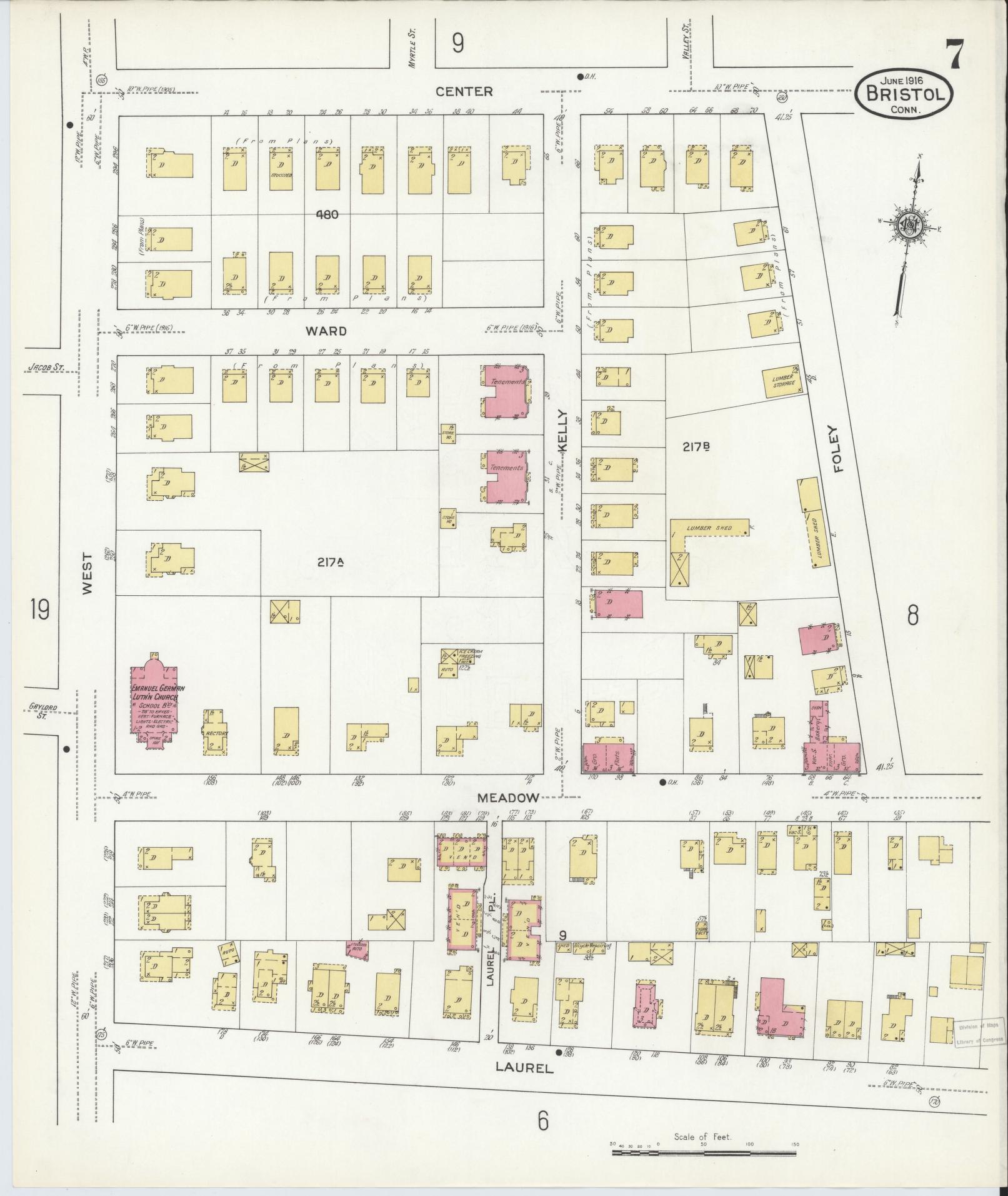 Sanborn Fire Insurance Map from Bristol, Hartford County, Connecticut (1916), Sheet #0007 - Complete Map Set gallery image, historic Sanborn map, vintage wall art, Connecticut Connecticut