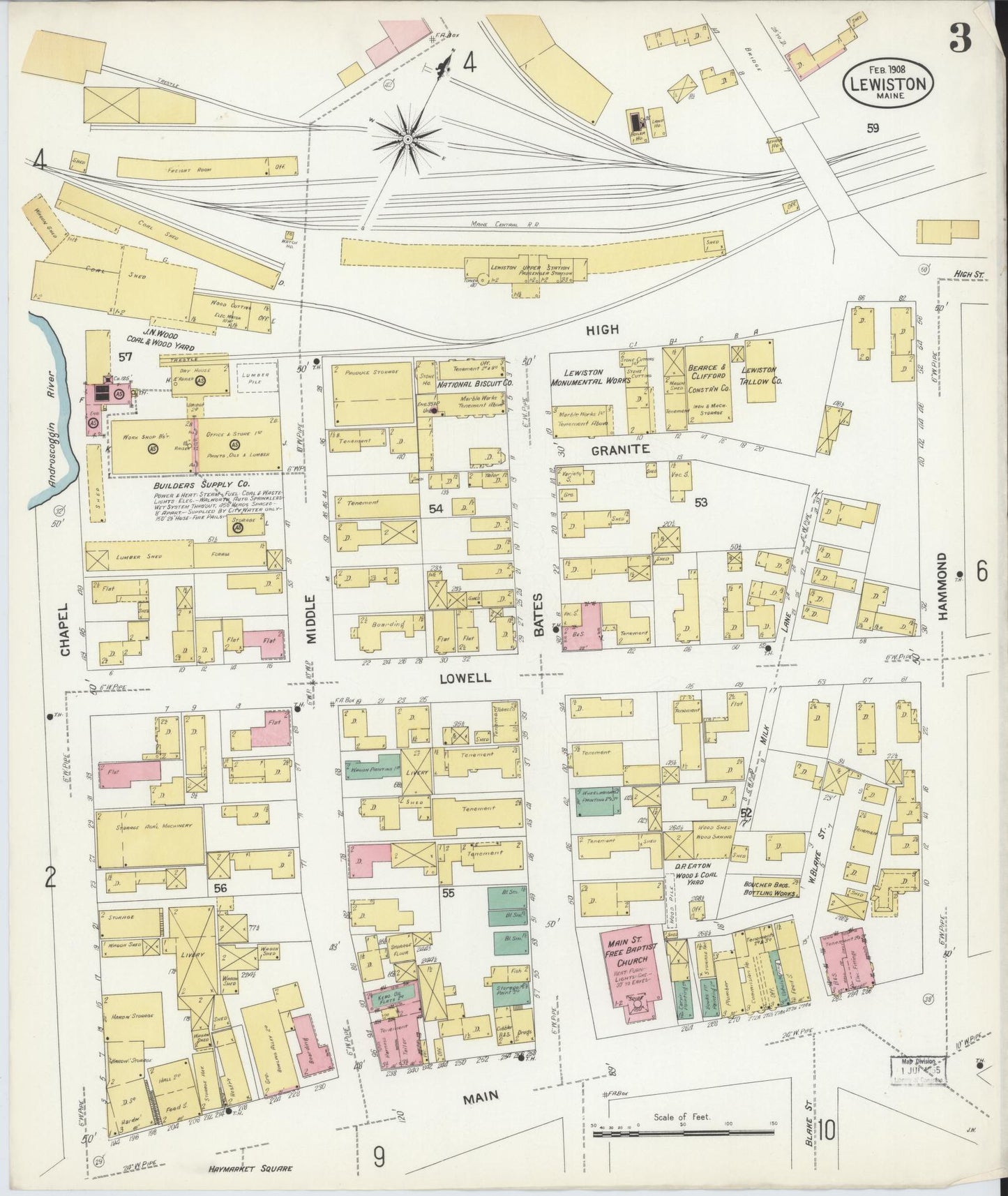 Sanborn Fire Insurance Map from Lewiston, Androscoggin County, Maine (1908), Sheet #0003 - Complete Map Set gallery image, historic Sanborn map, vintage wall art, Maine Maine